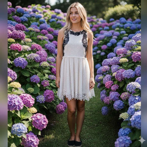 Free People S Romantic Ivory & Black Lace Boho Summer Festival Gypsy Dress‎ NWOT - Picture 1 of 13